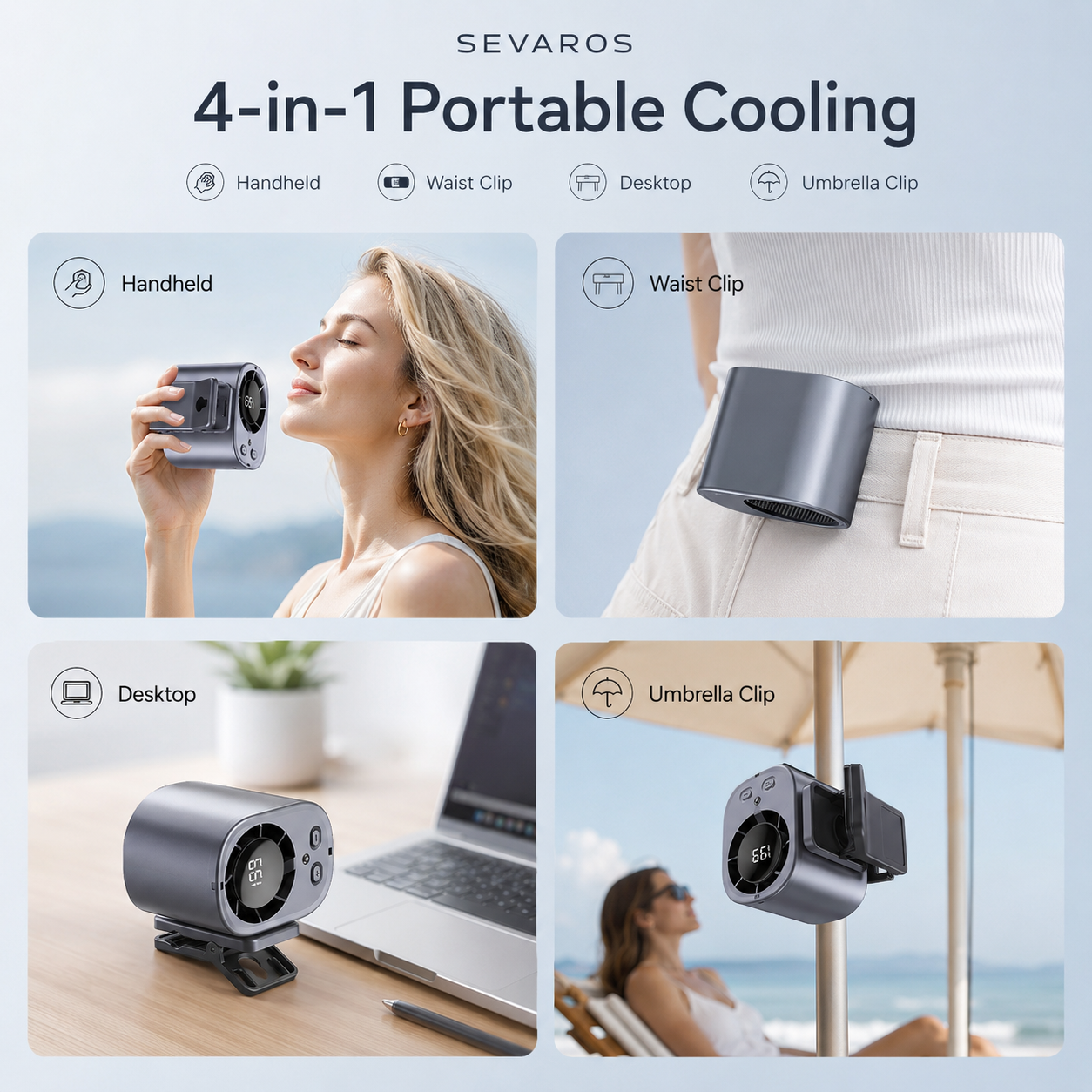 Sevaros LumiClip™ Portable Waist Fan Fan Rechargeable LED Display — Hands Free Bladeless Personal Cooling Fan for Travel Outdoor Office Summer