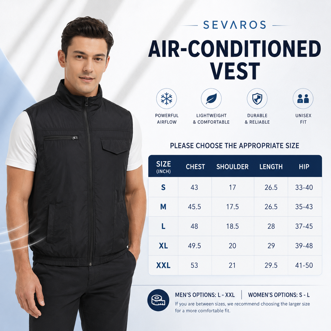 Sevaros AeroVest™ Cooling Vest with Fan Air Conditioned — Portable Fan Vest for Outdoor Work Construction Heat Relief Summer Men Women