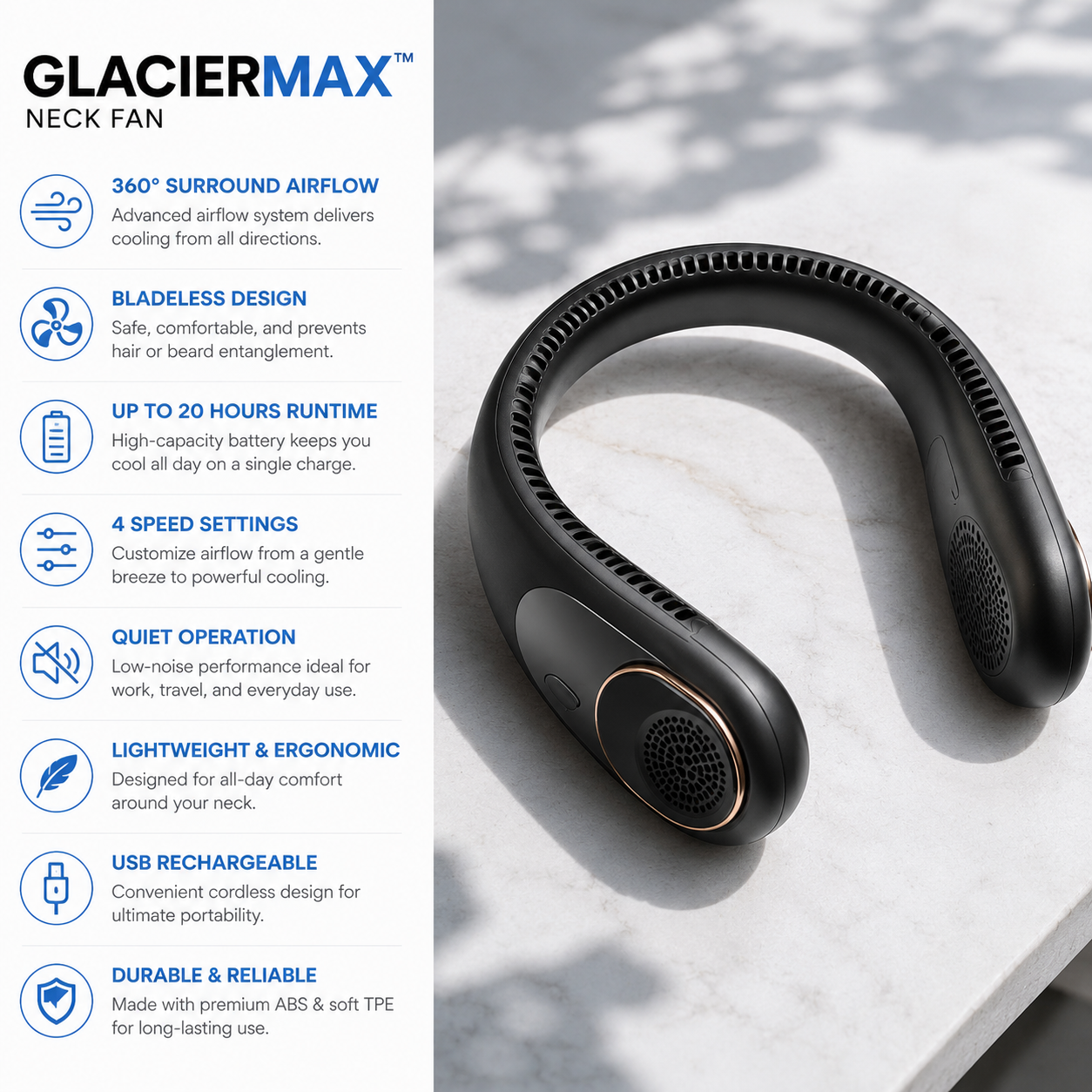 Sevaros GlacierMax™ Portable Neck Fan Rechargeable 5200mAh — Bladeless Wearable Neck Fan, Personal Cooling Fan, Hands Free Fan with 4 Speeds & 20H Runtime