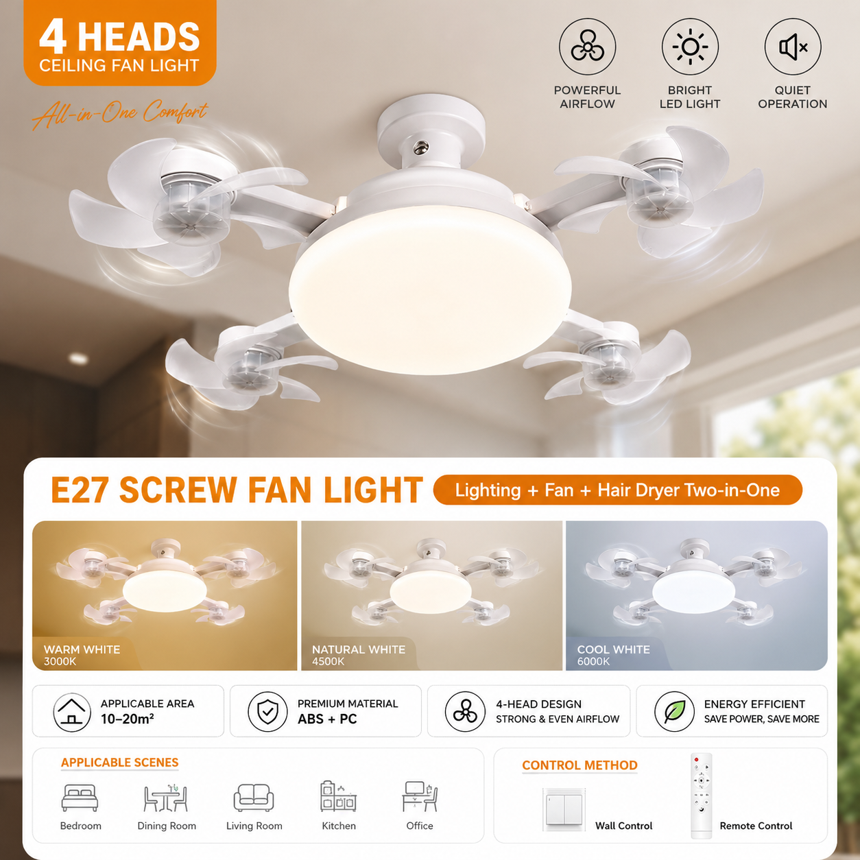 Ceiling Fan with Lights, Modern Fandelier Low Profile Flush Mount Ceiling Fan Light, 3/4 Head Bedroom Ceiling Fan E27 Dimmable | Sevaros AeroLume™