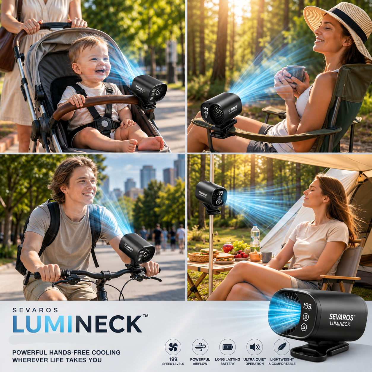 Sevaros LumiClip™ Portable Waist Fan Fan Rechargeable LED Display — Hands Free Bladeless Personal Cooling Fan for Travel Outdoor Office Summer