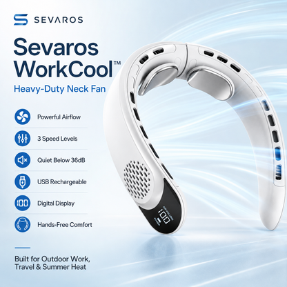 Sevaros WorkCool™ Heavy-Duty Neck Fan – Rechargeable Wearable Cooling Fan with Digital Display