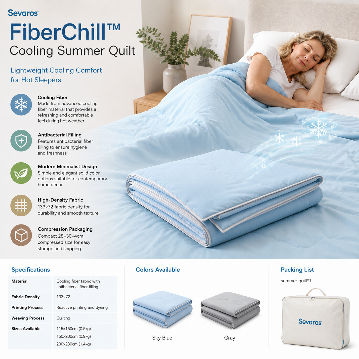 Sevaros FiberChill™ Cooling Summer Quilt Antibacterial Lightweight — Breathable Cool Comforter for Hot Sleepers Twin Full Queen King