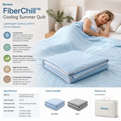 Sevaros FiberChill™ Cooling Summer Quilt Antibacterial Lightweight — Breathable Cool Comforter for Hot Sleepers Twin Full Queen King