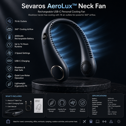 Sevaros AeroLux Neck Fan Rechargeable Bladeless Hands Free Portable Wearable Cooling Fan USB Travel Outdoor Office Summer