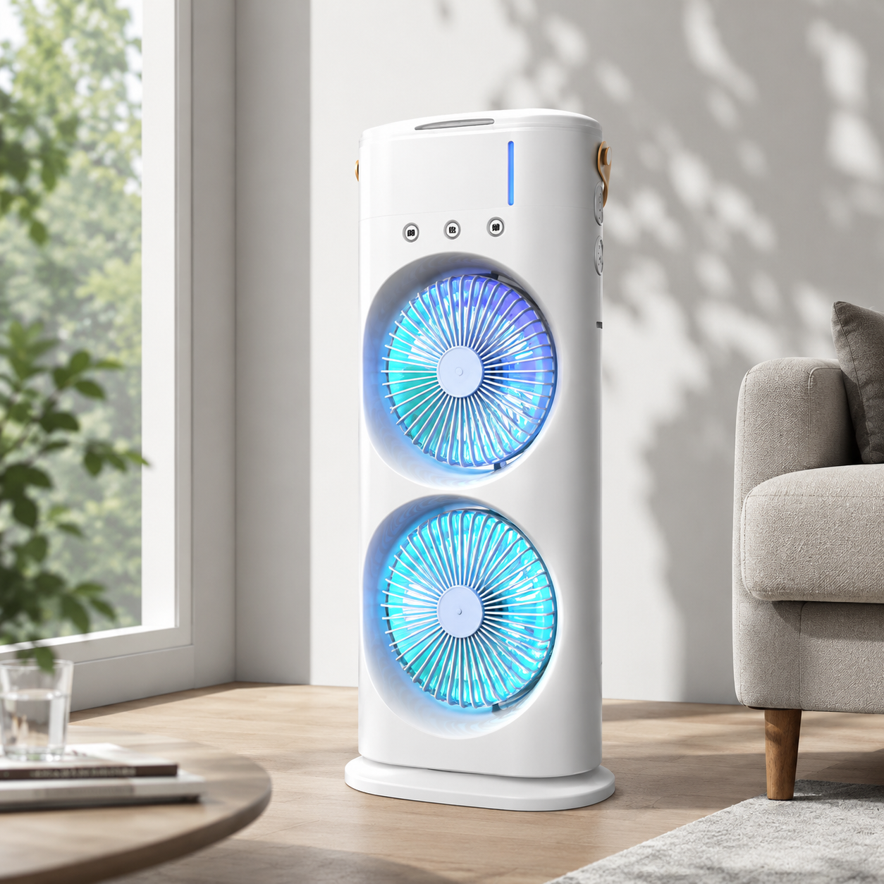 Sevaros MistBreeze™ Dual Head Misting Fan – Portable USB Rechargeable Desk Fan with Cooling Spray, Remote Control, Quiet Air Circulation for Home & Office