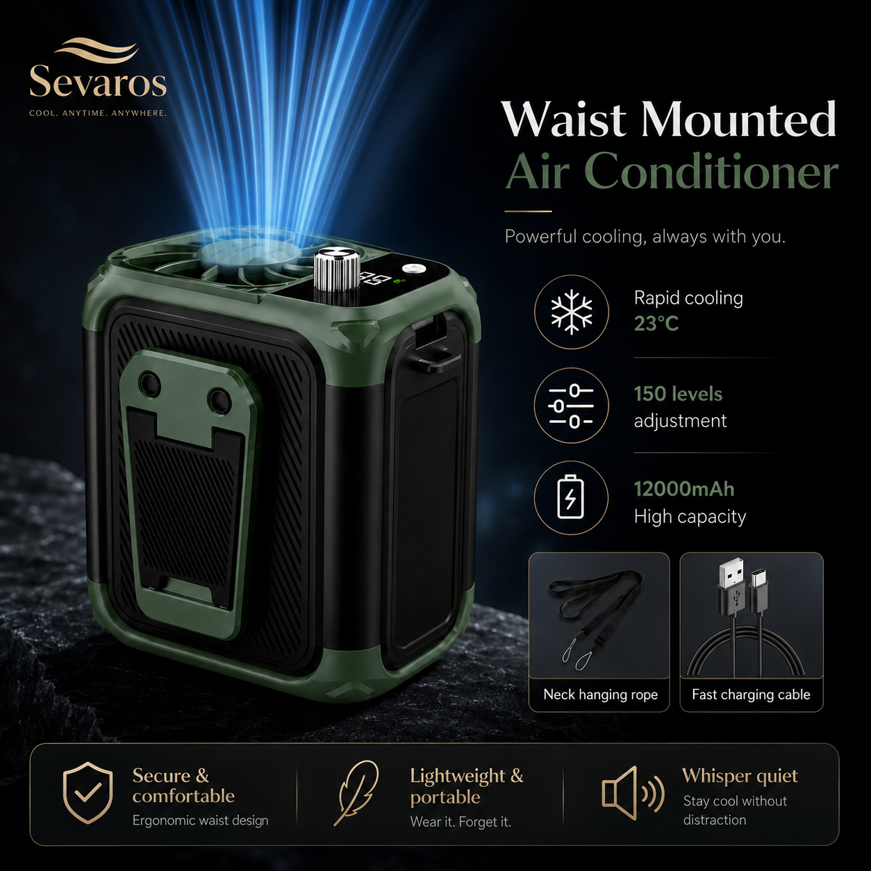 Sevaros HeatShield™ Bladeless Waist Neck Fan USB Rechargeable — belt clip fan Wearable Fan Power Bank LED Display for Outdoor Work Travel