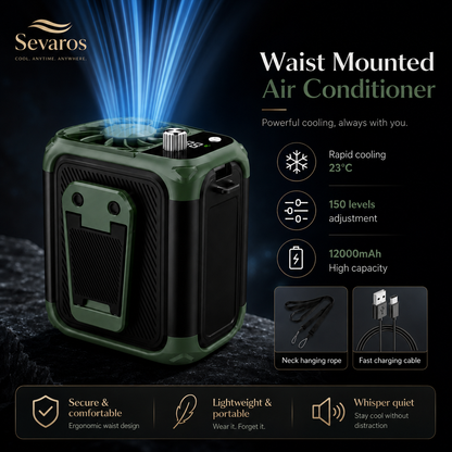 Sevaros HeatShield™ Bladeless Waist Neck Fan USB Rechargeable — belt clip fan Wearable Fan Power Bank LED Display for Outdoor Work Travel