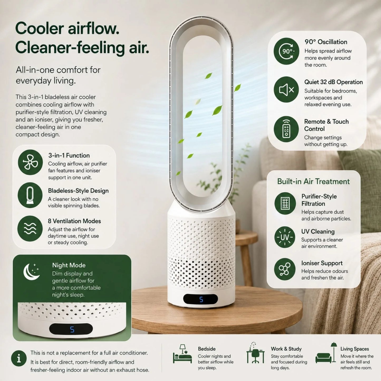 Bladeless Air Purifier Tower Fan, 3-in-1 HEPA Air Cooler with UV Purification, Quiet Oscillating Fan for Bedroom & Living Room | Sevaros AeroPure™