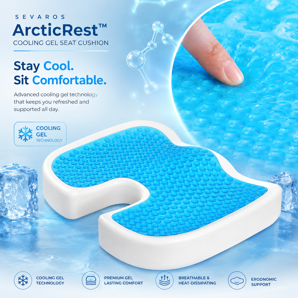 Sevaros ArcticComfort™ Cooling Gel Seat Cushion – Ergonomic Memory Foam Cushion with Cooling Gel for Office, Car & Home