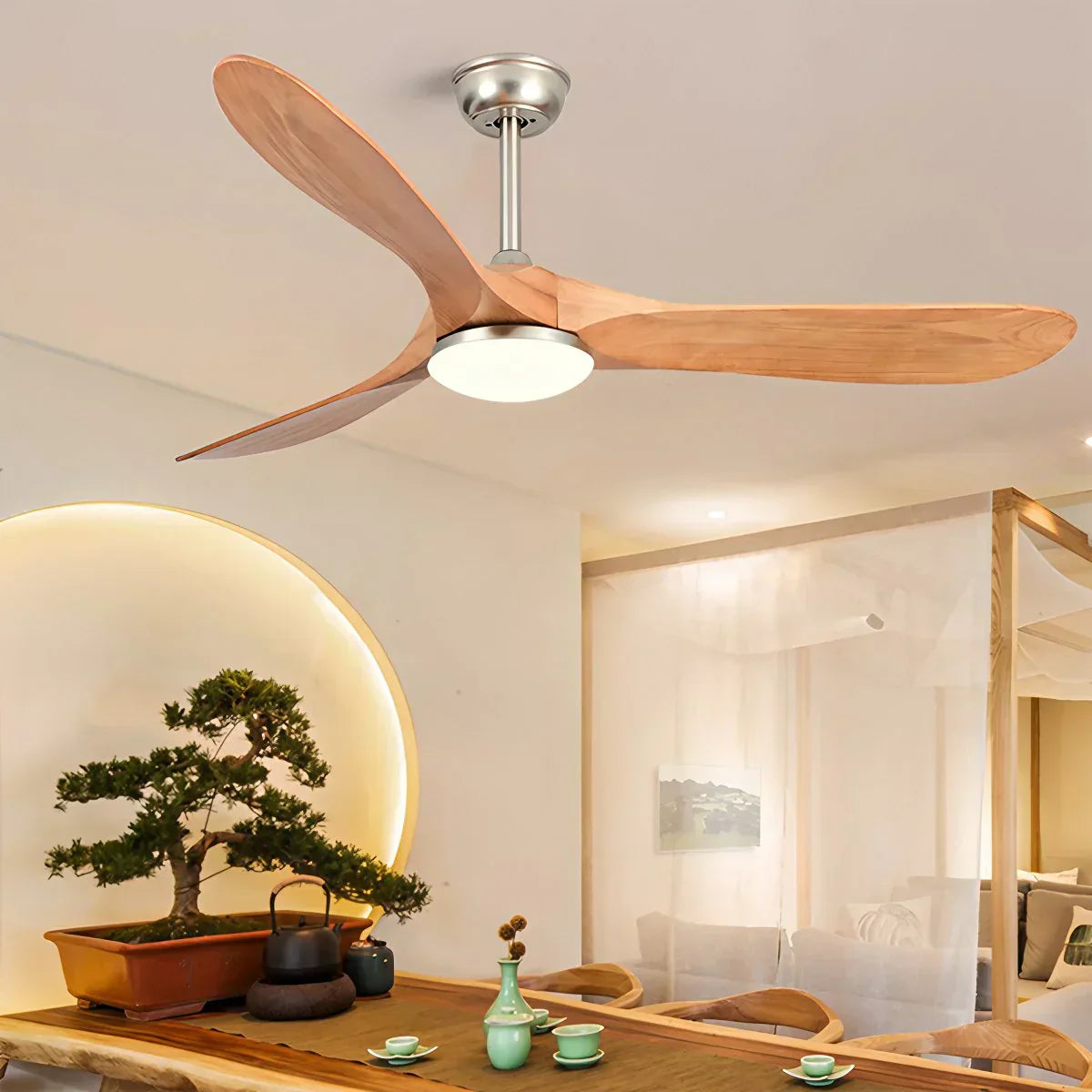 Modern Ceiling Fan with Light, Contemporary Nordic Solid Wood Ceiling Fan, Reversible Motor Bedroom & Living Room Fan Light | Sevaros NordWood
