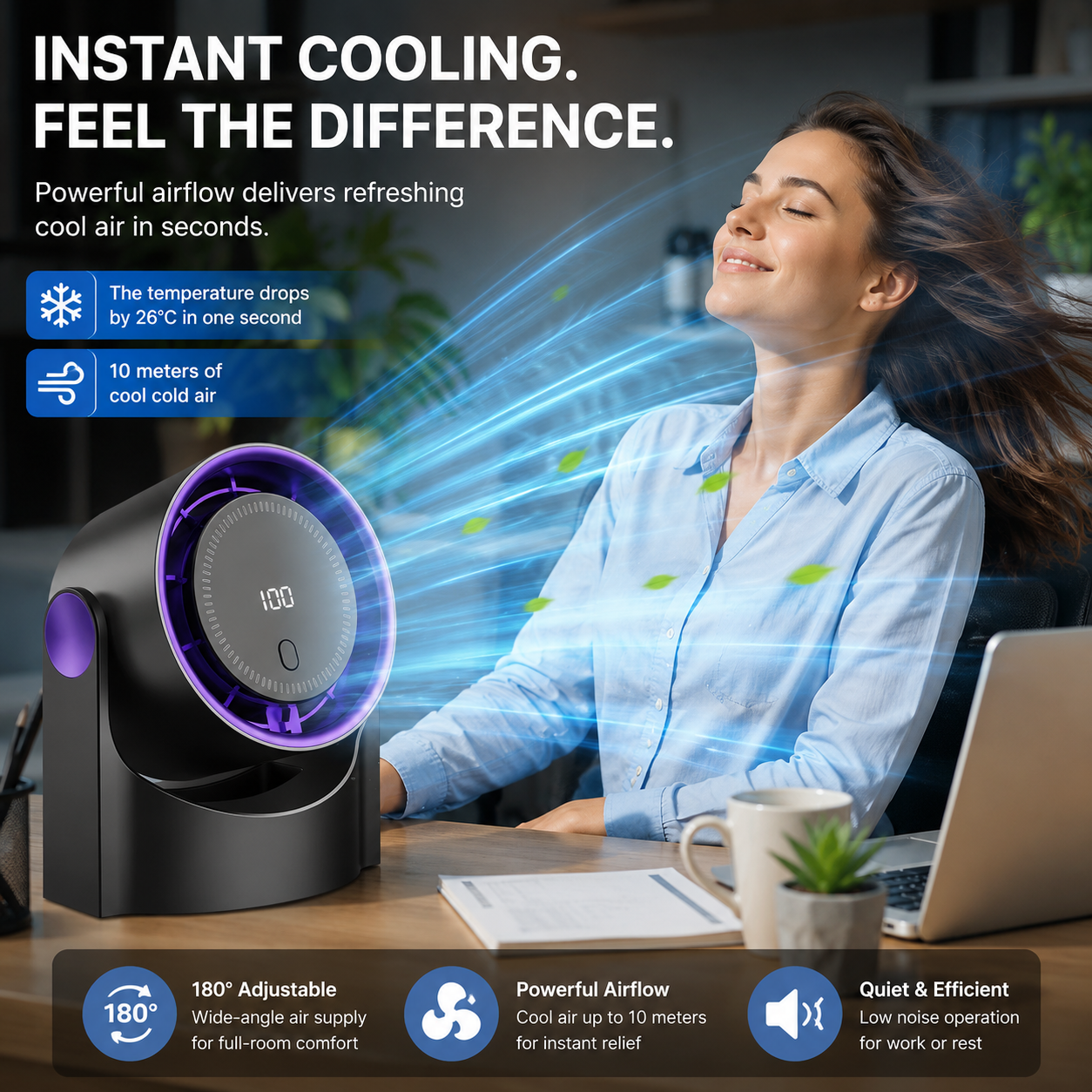 Sevaros AirCirculate™ Portable Air Circulator Fan Wireless USB — Silent Desktop Wall Fan for Home Office Bedroom Dorm Summer Cooling