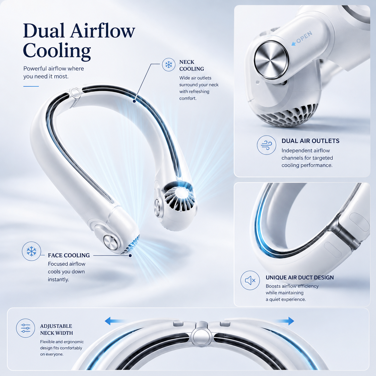 Sevaros DualFlow Neck Fan Rechargeable Dual Airflow USB-C Hands Free Portable Personal Cooling Fan Travel Sports Outdoor Summer
