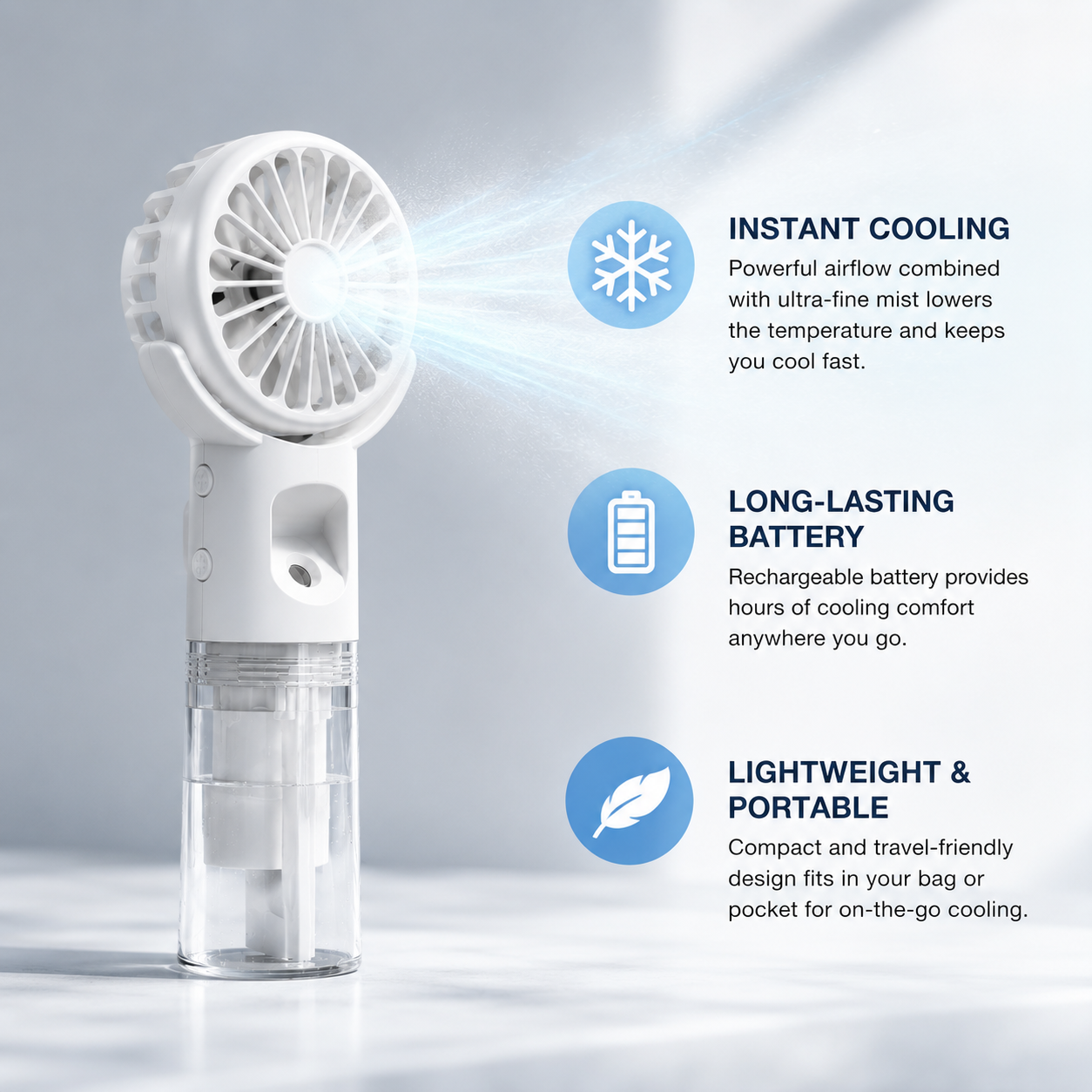 Sevaros MistFlow™ Portable Misting Fan Rechargeable — Handheld Water Spray Cooling Fan for Outdoor Beach Travel Sports Summer Heat Relief