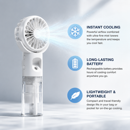 Sevaros MistFlow™ Portable Misting Fan Rechargeable — Handheld Water Spray Cooling Fan for Outdoor Beach Travel Sports Summer Heat Relief