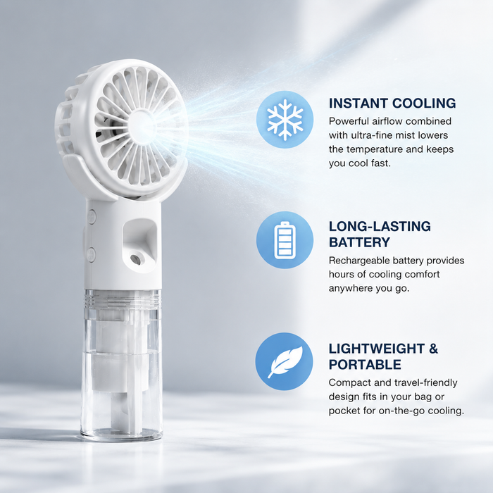 Sevaros MistFlow™ Portable Misting Fan Rechargeable — Handheld Water Spray Cooling Fan for Outdoor Beach Travel Sports Summer Heat Relief