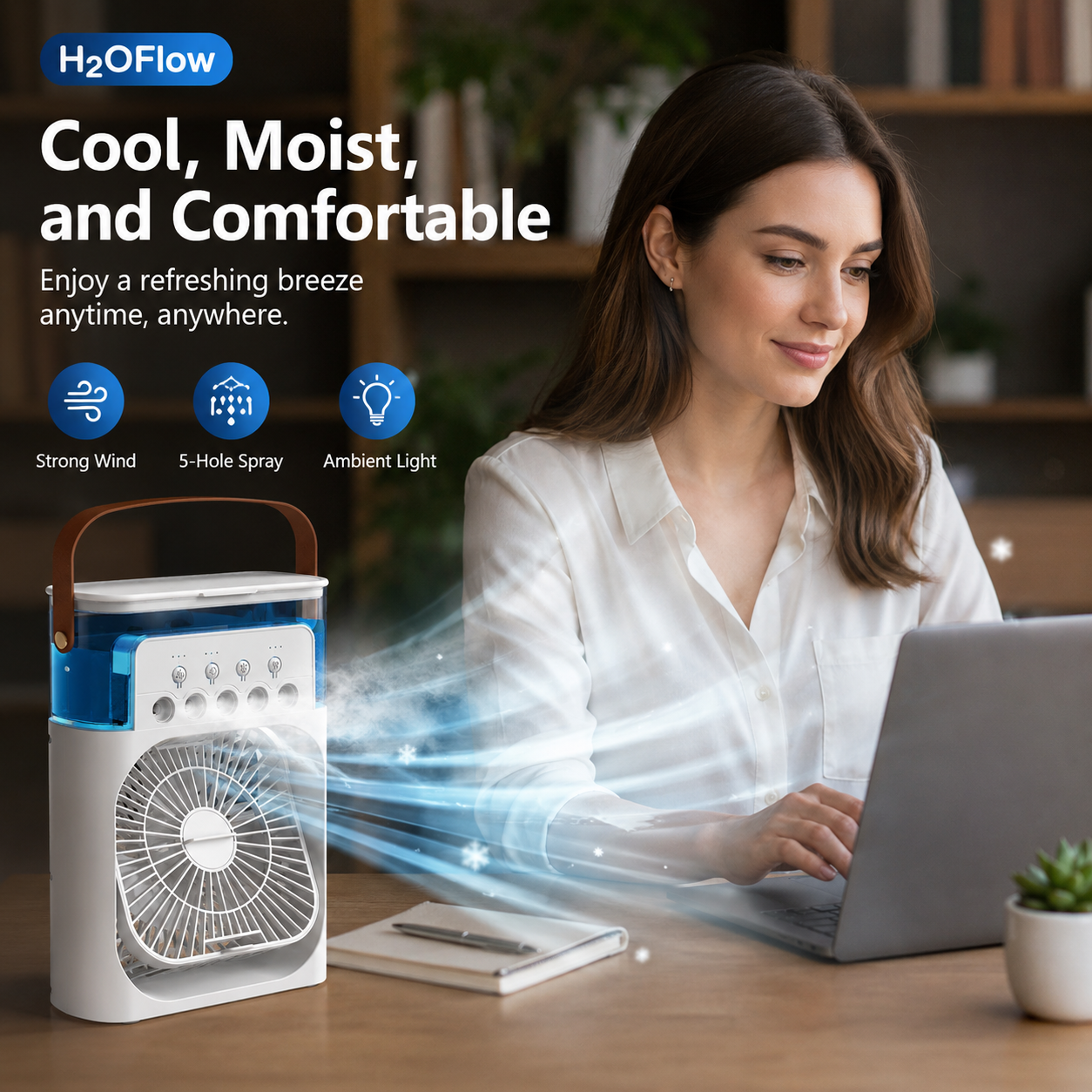 Sevaros MistDesk™ Mini Desk Fan Portable Cooling Fan Humidifier Spray — USB Rechargeable Personal Air Cooler for Office Bedroom Home Travel Summer