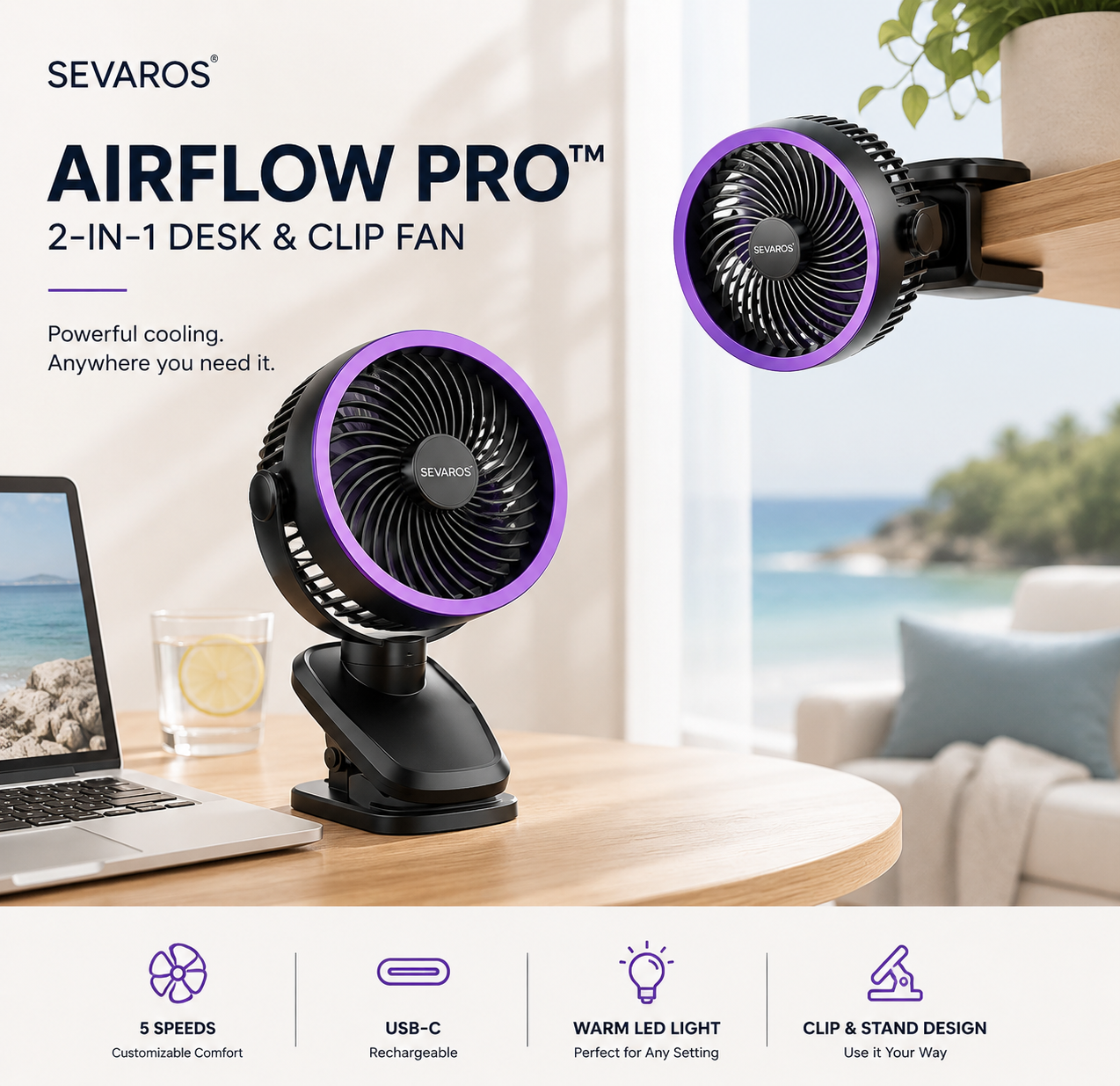 Sevaros ChargeBreeze™ Clip Fan USB Rechargeable 5 Speed Silent — Portable Desk Fan for Bedroom Office Dorm Stroller Travel Summer Cooling