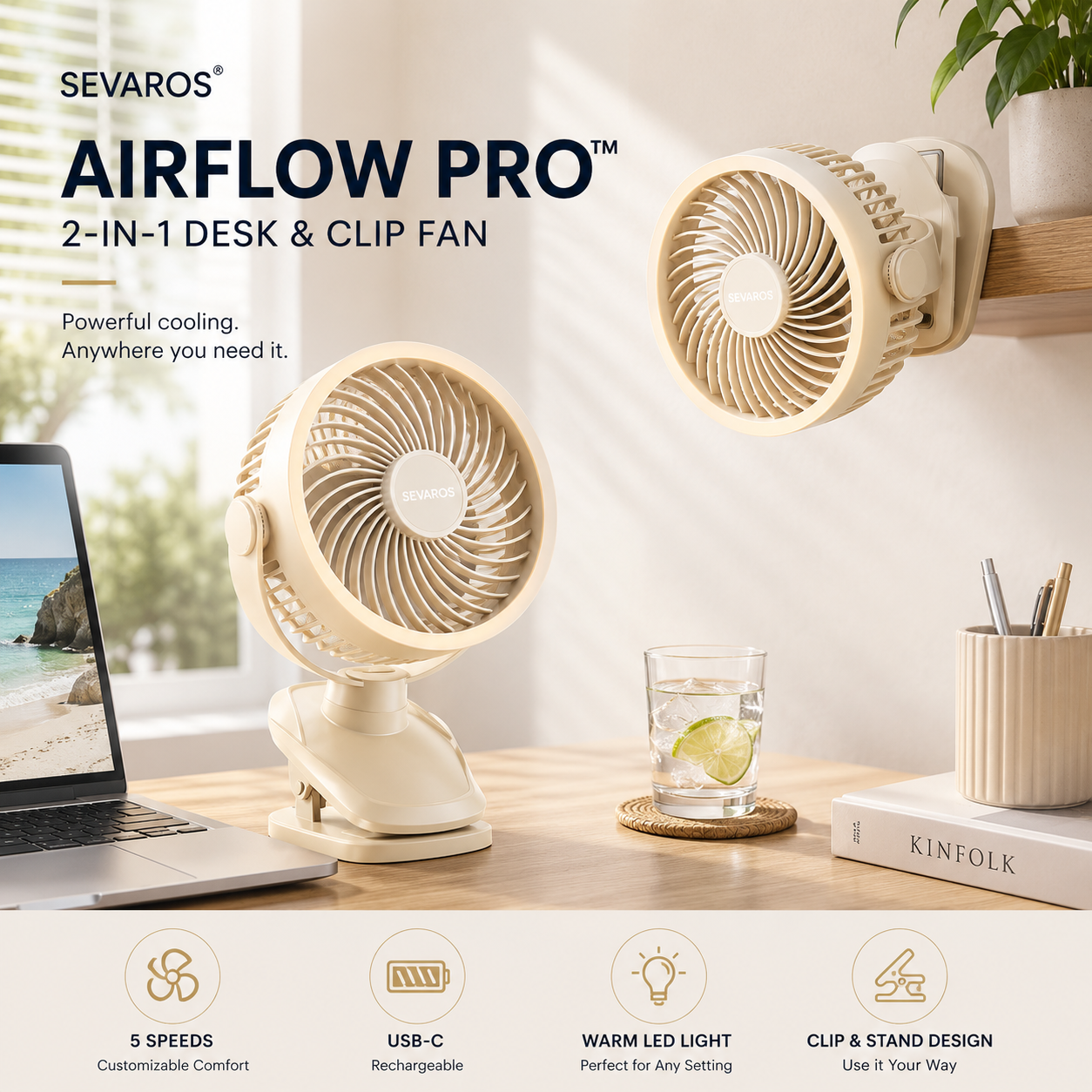 Sevaros ChargeBreeze™ Clip Fan USB Rechargeable 5 Speed Silent — Portable Desk Fan for Bedroom Office Dorm Stroller Travel Summer Cooling