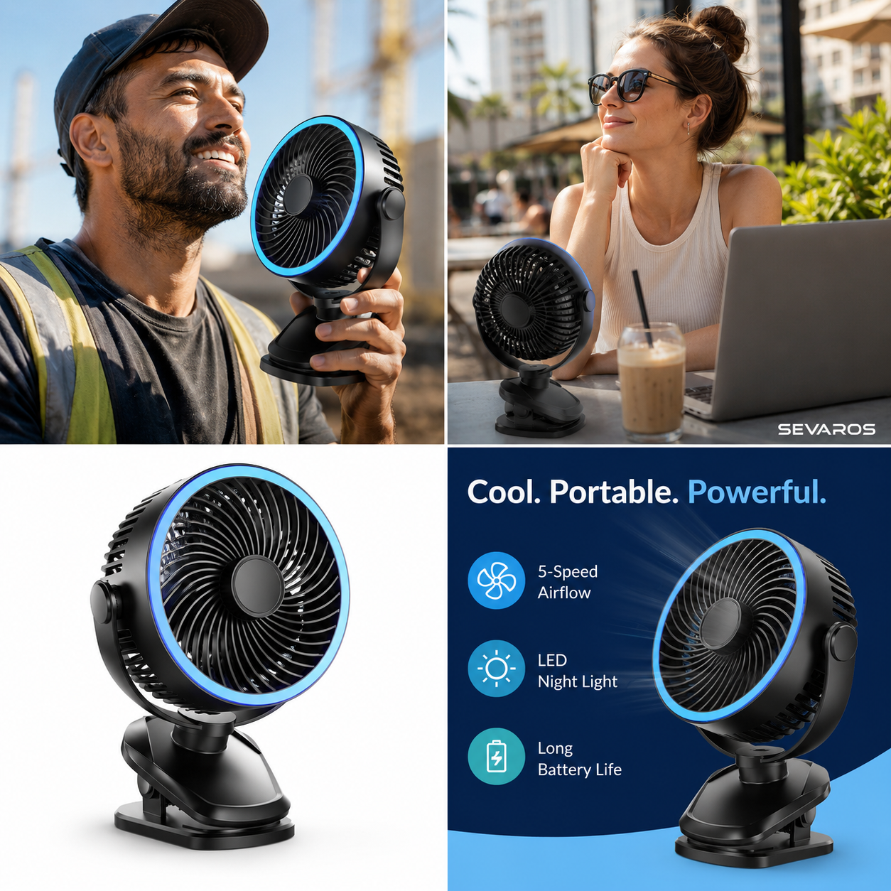 Sevaros ChargeBreeze™ Clip Fan USB Rechargeable 5 Speed Silent — Portable Desk Fan for Bedroom Office Dorm Stroller Travel Summer Cooling