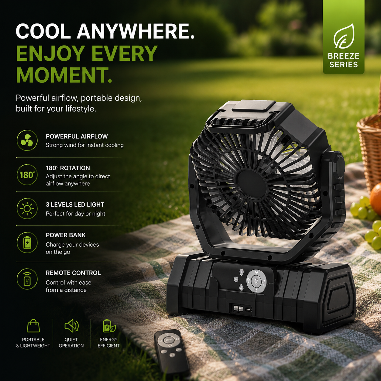 Sevaros CampBreeze™ Camping Fan Rechargeable LED Lantern Battery Powered — Portable Tent Fan with Light for Outdoor Camping RV Hiking Travel