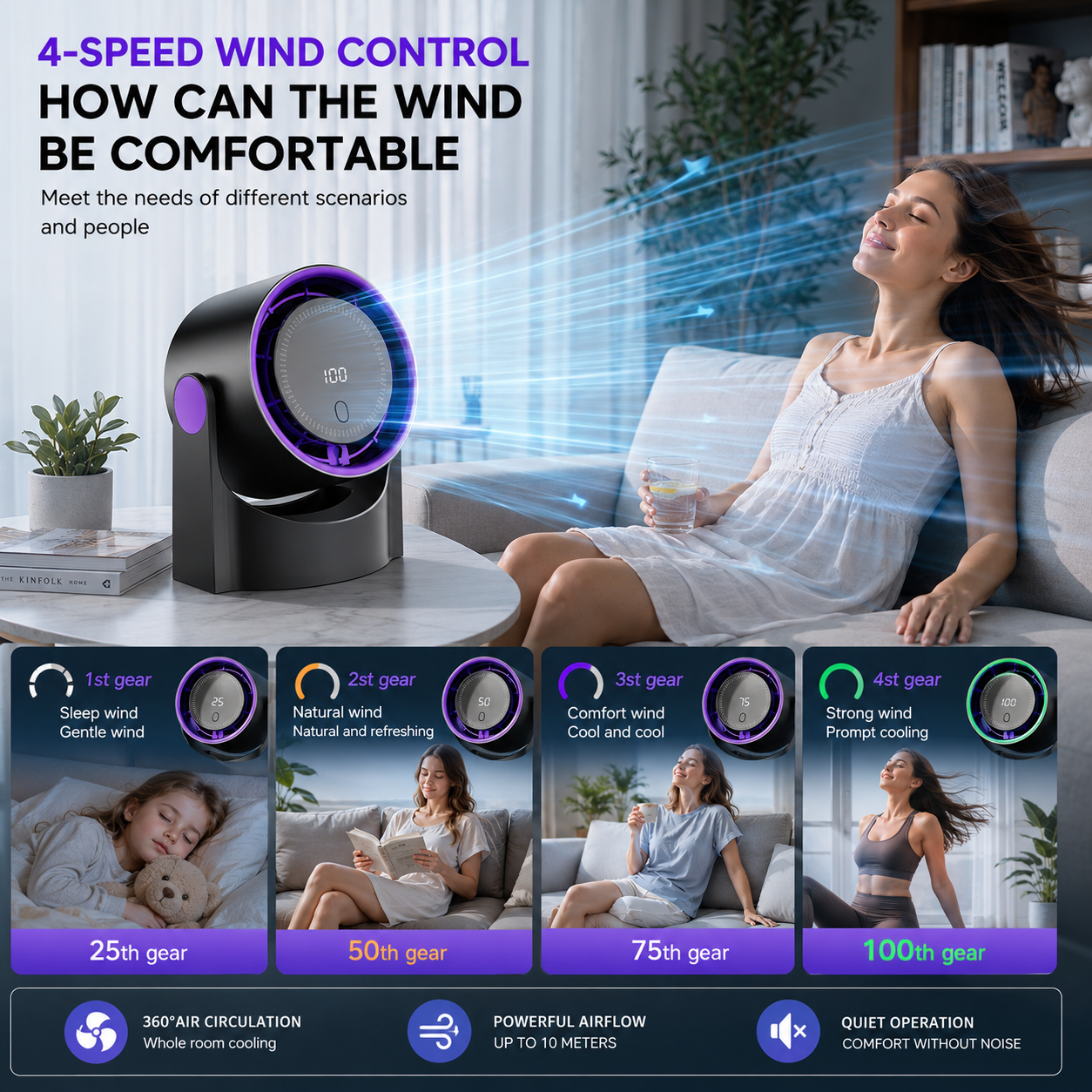 Sevaros AirCirculate™ Portable Air Circulator Fan Wireless USB — Silent Desktop Wall Fan for Home Office Bedroom Dorm Summer Cooling