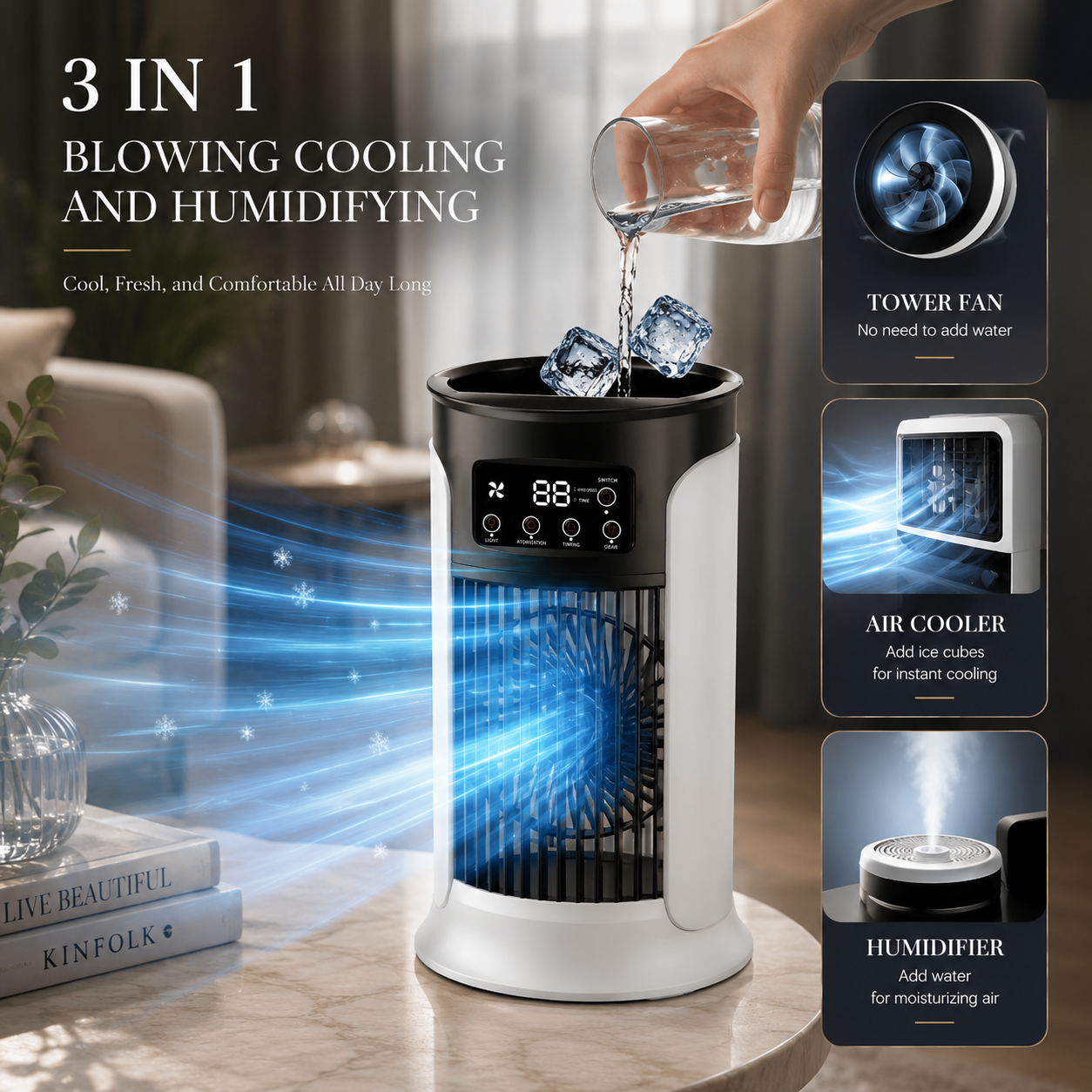 Sevaros ArcticMist™ Portable Air Cooler Fan 3-in-1 USB — Mini Air Conditioner Humidifier LED Night Light for Home Office Bedroom Summer