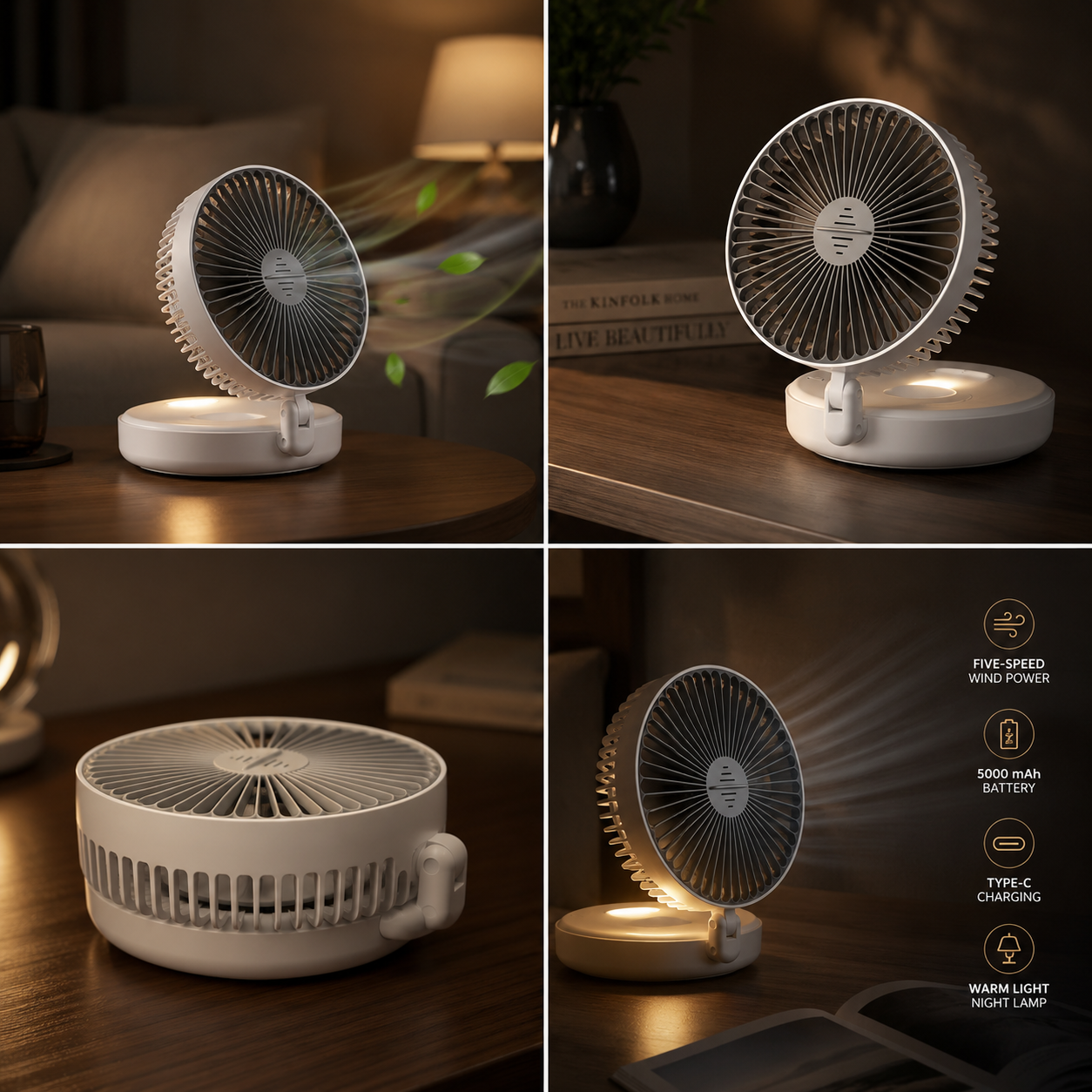 Sevaros FlexFan™ Desk Fan Foldable Rechargeable Wall Mount — Quiet High Speed Air Circulation Fan for Students Office Dorm Bedroom Summer