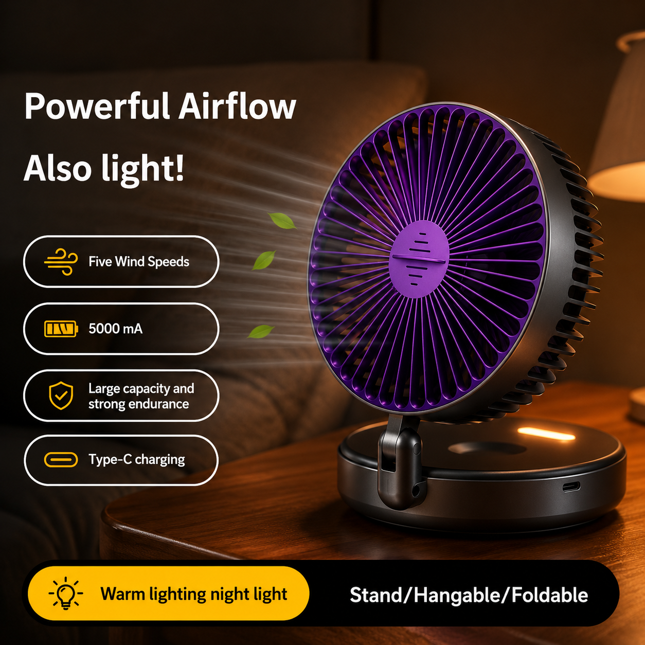 Sevaros FlexFan™ Desk Fan Foldable Rechargeable Wall Mount — Quiet High Speed Air Circulation Fan for Students Office Dorm Bedroom Summer