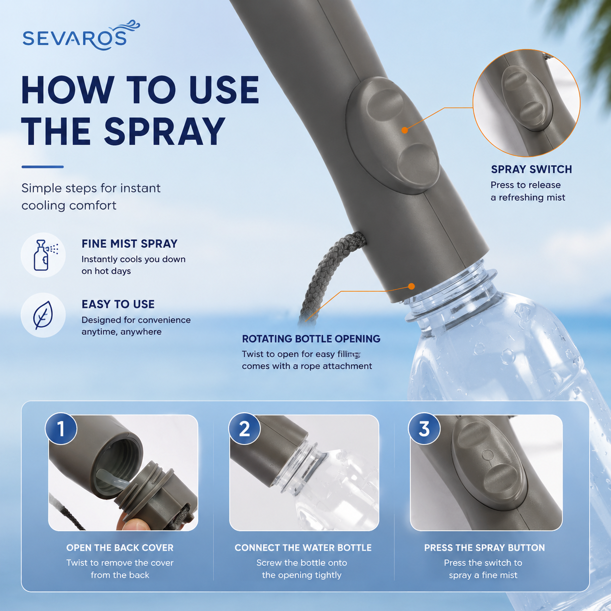 Sevaros MistShade™ Cooling Fan Umbrella Rechargeable UV Protection — Sun Umbrella with Built In Fan Mist Spray for Beach Outdoor Summer