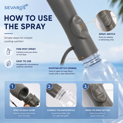 Sevaros MistShade™ Cooling Fan Umbrella Rechargeable UV Protection — Sun Umbrella with Built In Fan Mist Spray for Beach Outdoor Summer