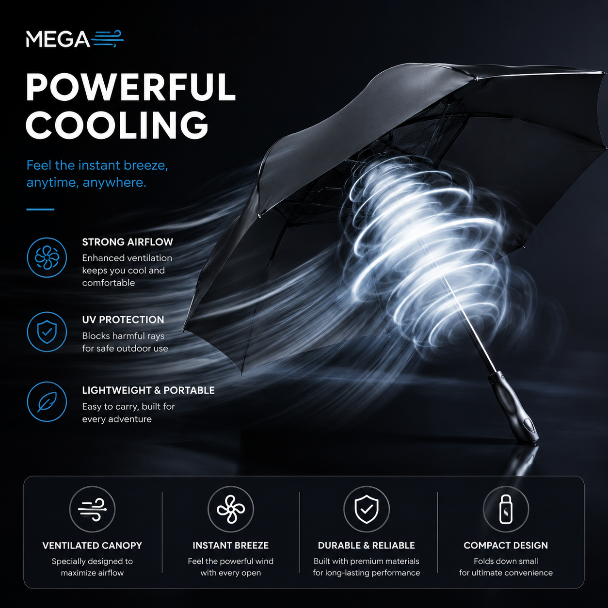 Sevaros MistShade™ Cooling Fan Umbrella Rechargeable UV Protection — Sun Umbrella with Built In Fan Mist Spray for Beach Outdoor Summer