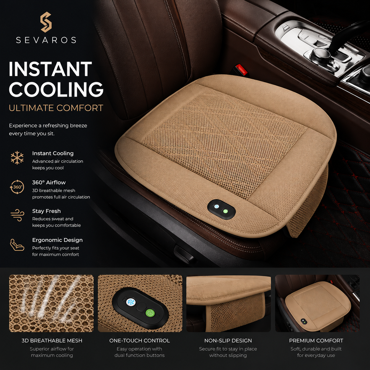 Sevaros VentSeat™ Car Seat Cooling Cushion with USB Fans — Ventilated Breathable Seat Pad for Car Truck Summer Driving Heat Relief