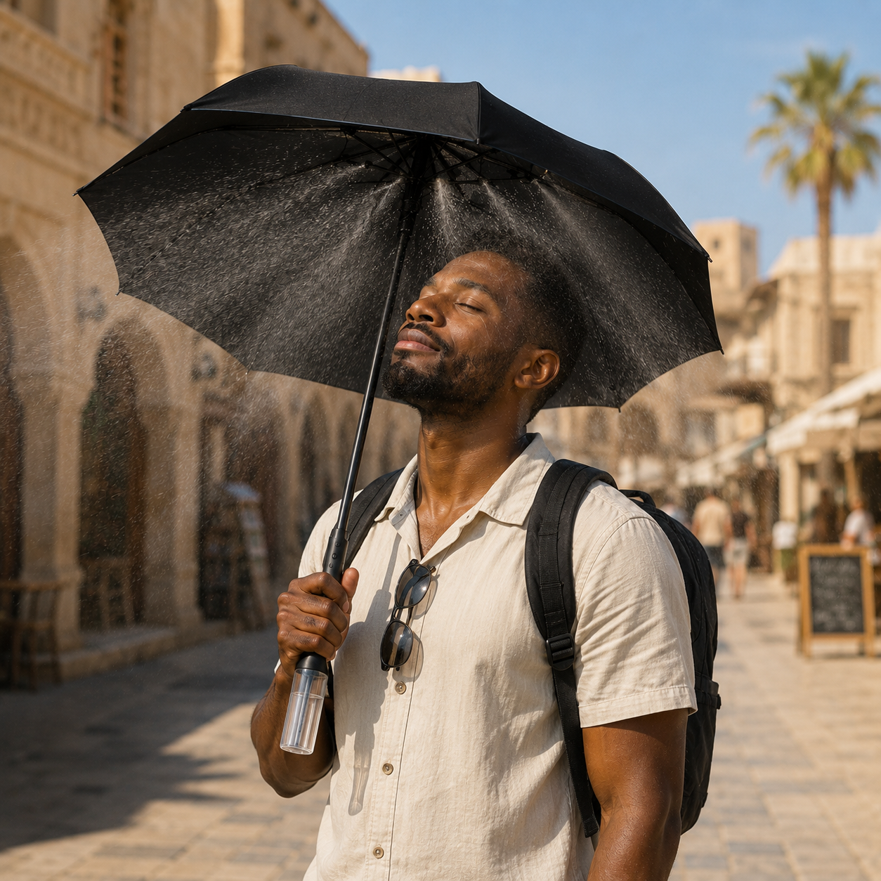 Sevaros MistShade™ Cooling Fan Umbrella Rechargeable UV Protection — Sun Umbrella with Built In Fan Mist Spray for Beach Outdoor Summer