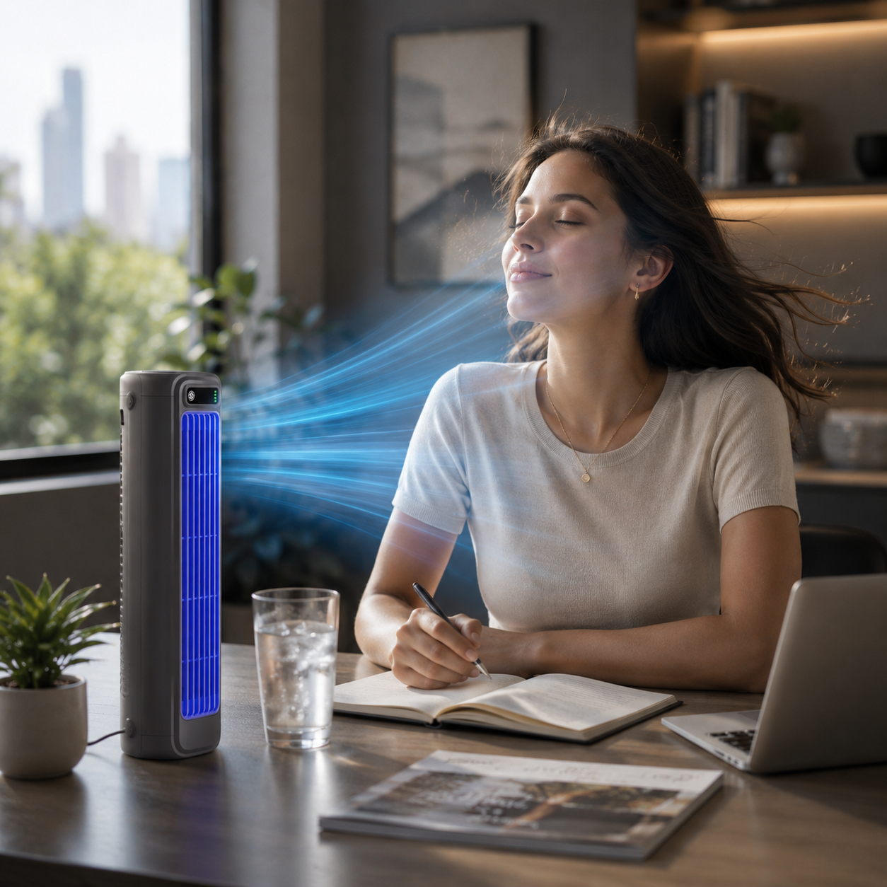 Sevaros MistDesk Pro™ Spray Misting Desk Fan with Night Light — Ultra Quiet USB Humidifier Cooling Fan for Home Office Bedroom