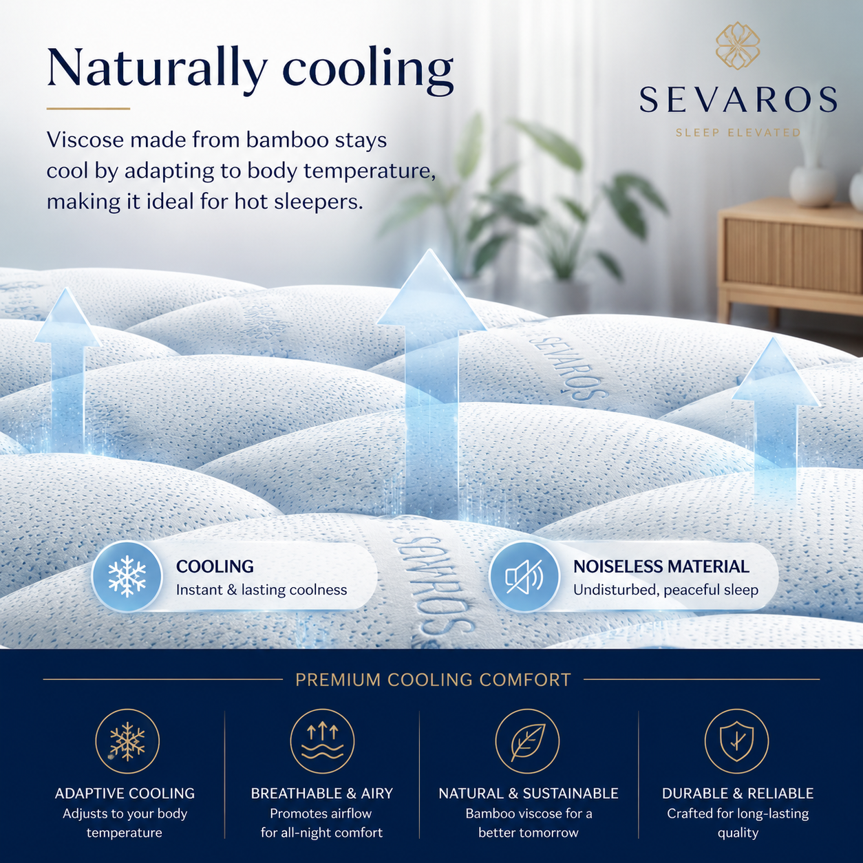 Sevaros BambooChill™ Bamboo Fiber Cooling Mattress Topper Breathable — Extra Thick Cool Mattress Pad for Hot Sleepers Twin Full Queen King