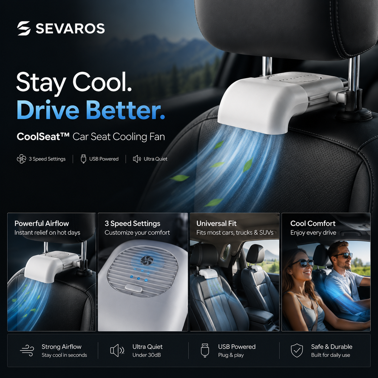 Sevaros CoolSeat™ Car Seat Cooling Fan USB 3 Speed — Ventilated Seat Fan Cooler for Car Truck SUV Summer Driving Heat Relief