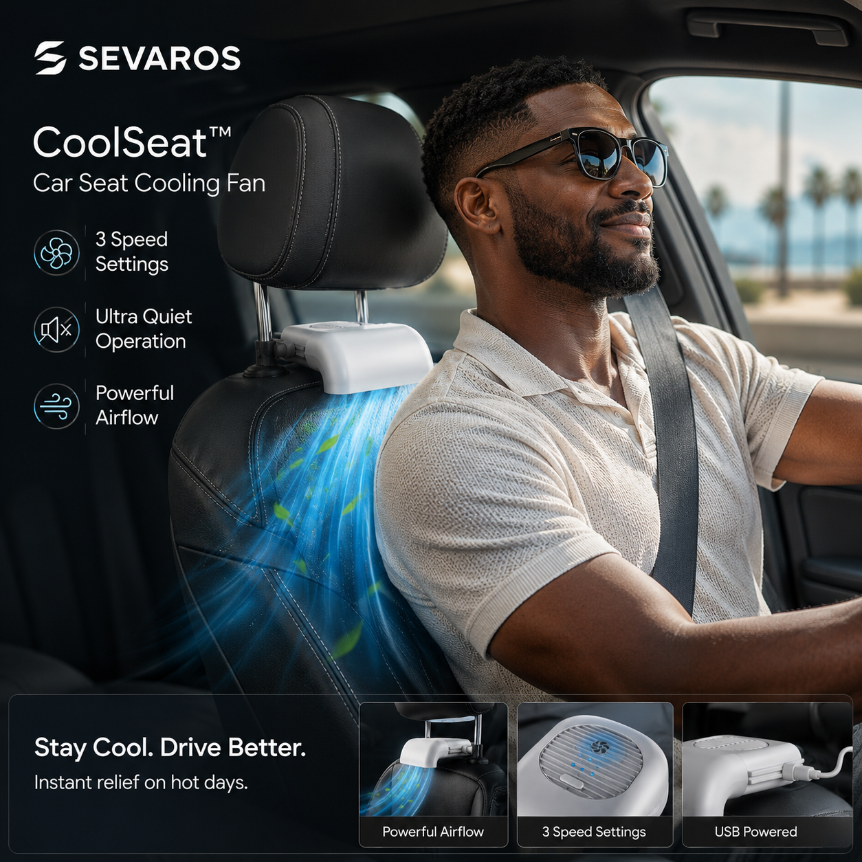 Sevaros CoolSeat™ Car Seat Cooling Fan USB 3 Speed — Ventilated Seat Fan Cooler for Car Truck SUV Summer Driving Heat Relief
