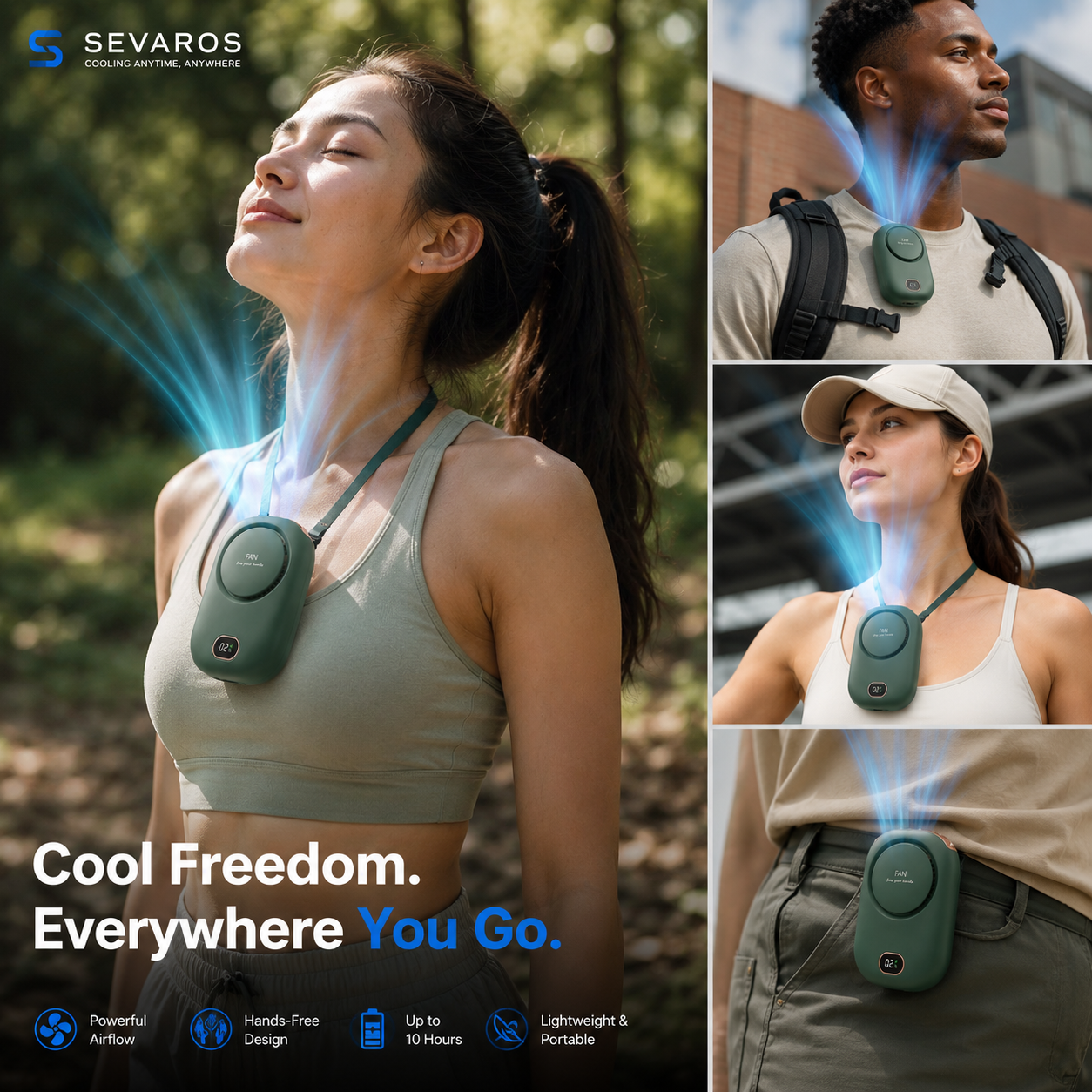 Neck Fan Rechargeable 1800mAh Bladeless USB Hands Free — Sevaros NeckDrift™ Portable Personal Cooling Fan Sports Travel Outdoor Running Summer
