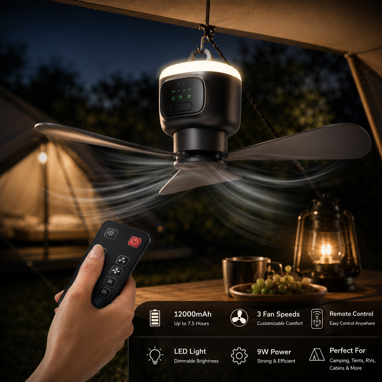 Sevaros SkyBreeze™ Camping Fan Rechargeable 12000mAh Remote Control LED — Portable Ceiling Tent Fan for Outdoor Camping RV Power Outage