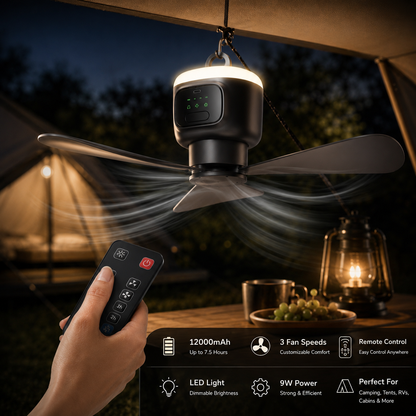 Sevaros SkyBreeze™ Camping Fan Rechargeable 12000mAh Remote Control LED — Portable Ceiling Tent Fan for Outdoor Camping RV Power Outage