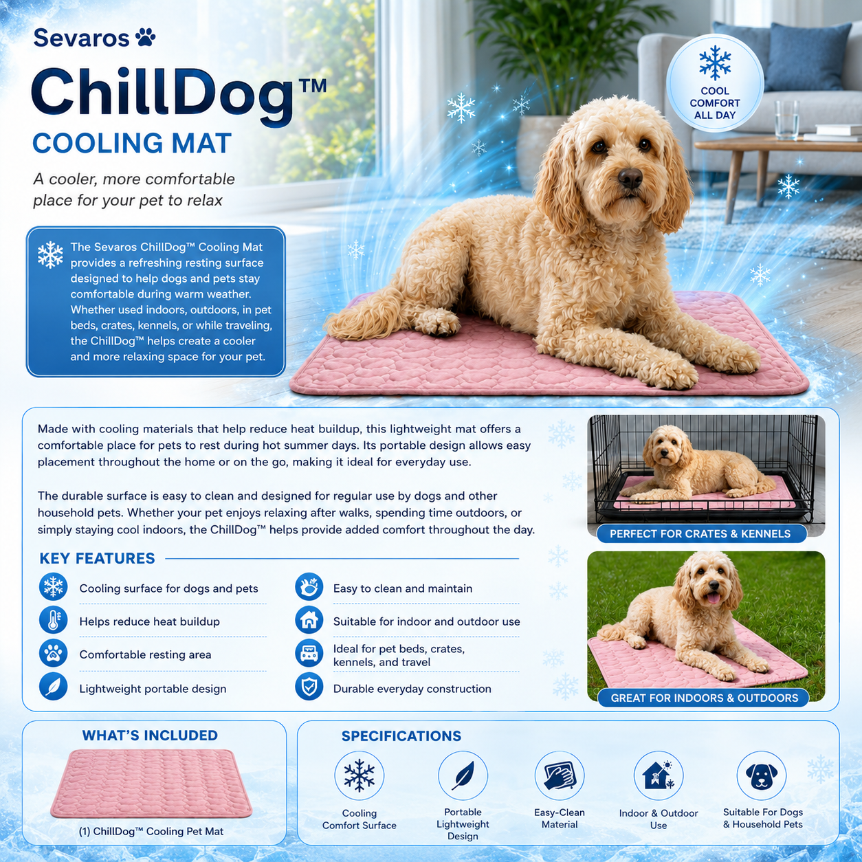 Sevaros ChillDog™ Dog Cooling Mat Self Cooling Pad Pressure Activated — Pet Cooling Bed for Dogs Cats No Electricity Summer Heat Relief Indoor Outdoor