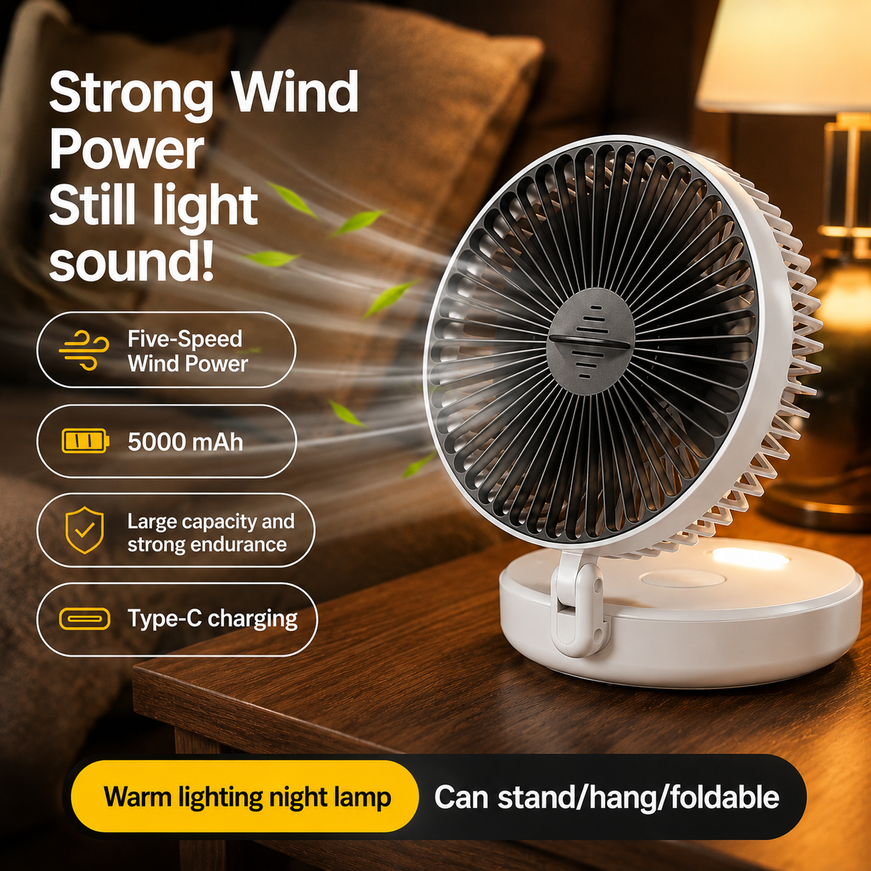 Sevaros FlexFan™ Desk Fan Foldable Rechargeable Wall Mount — Quiet High Speed Air Circulation Fan for Students Office Dorm Bedroom Summer
