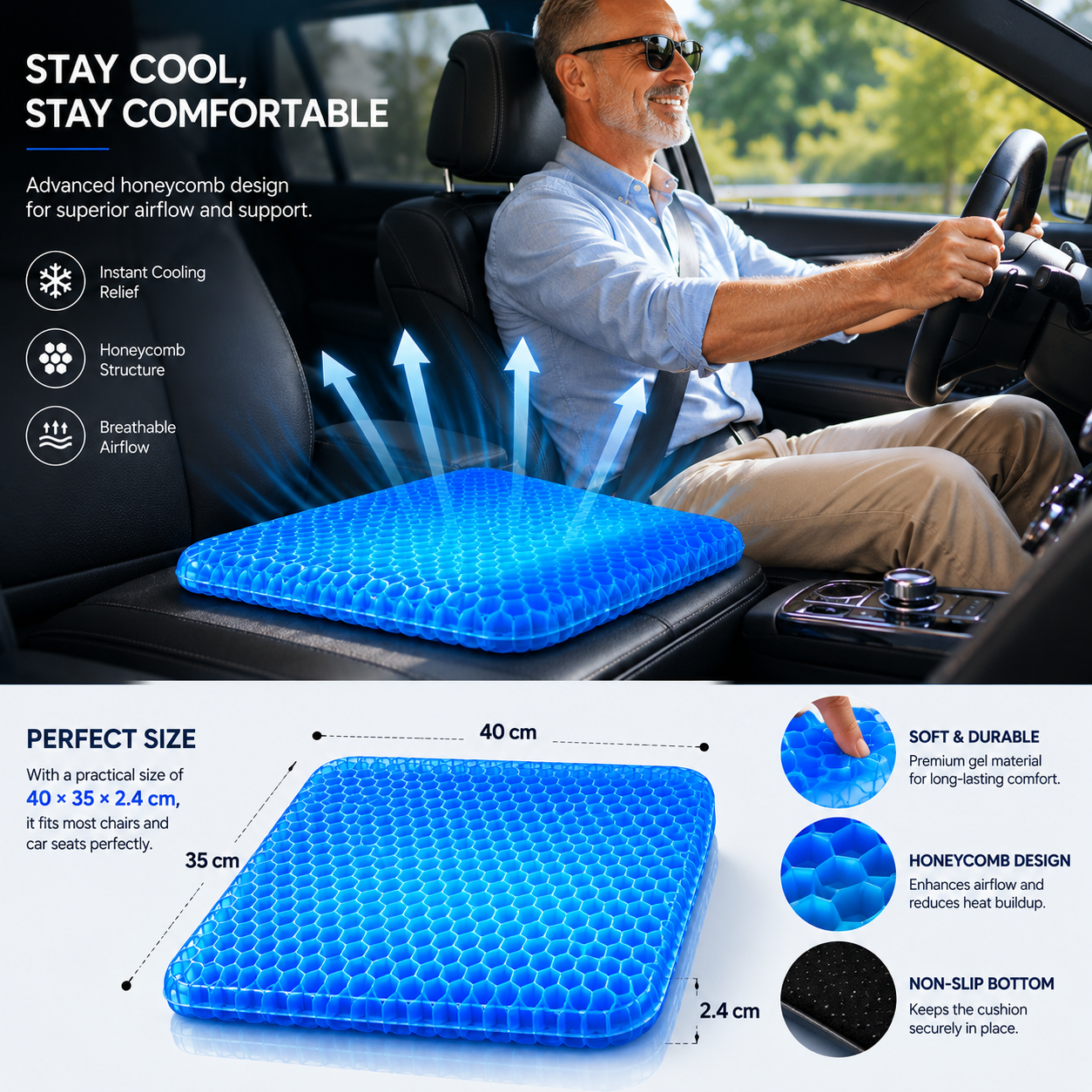 Sevaros CoolSeat™ Cooling Gel Chair Cushion Honeycomb Non-Slip — Seat Pad Cooler for Office Chair Car Home Gaming Chair Summer Heat Relief
