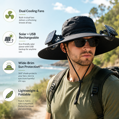 Sevaros SolarBreeze™ Solar Cooling Hat Dual Fan Rechargeable — Breathable Sun Hat with Fan for Outdoor Hiking Golf Camping Men Women