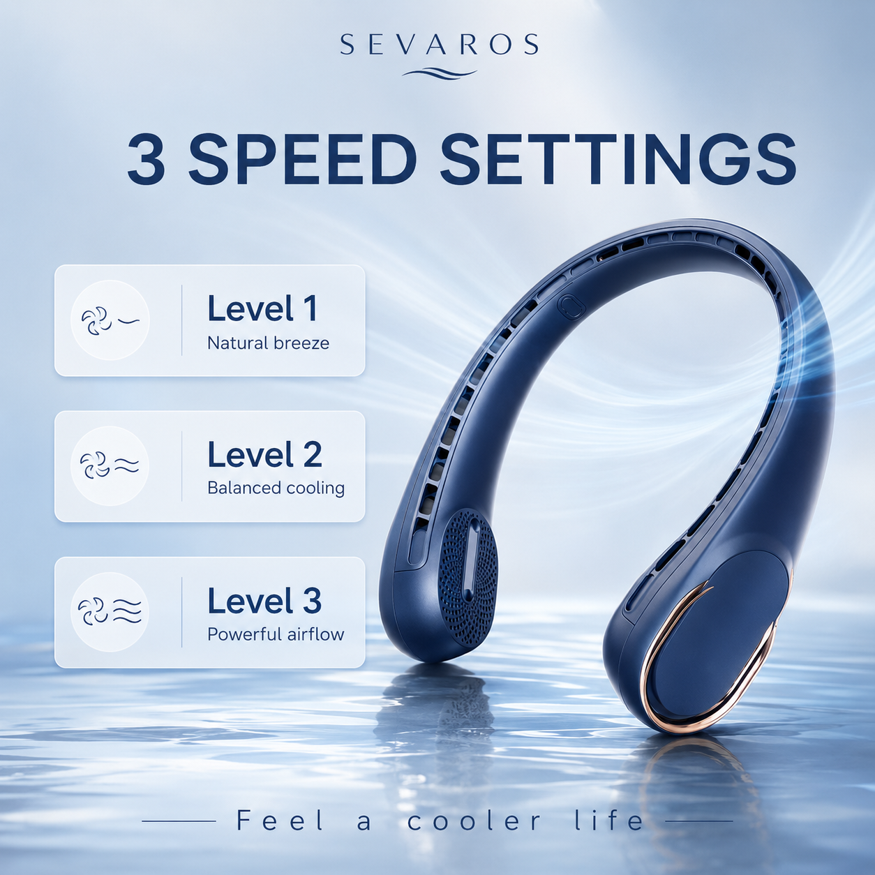 Sevaros ArcticFlow™ Portable Neck Fan Rechargeable 4000mAh — Wearable Neck Fan, Personal Cooling Fan, Hands Free Fan with 3 Speeds for Travel