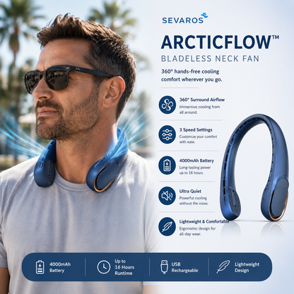 Sevaros ArcticFlow™ Portable Neck Fan Rechargeable 4000mAh — Wearable Neck Fan, Personal Cooling Fan, Hands Free Fan with 3 Speeds for Travel