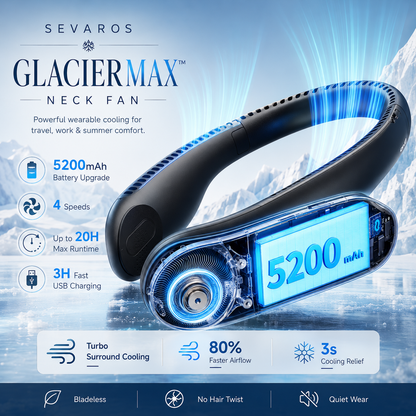 Sevaros GlacierMax™ Portable Neck Fan Rechargeable 5200mAh — Bladeless Wearable Neck Fan, Personal Cooling Fan, Hands Free Fan with 4 Speeds & 20H Runtime