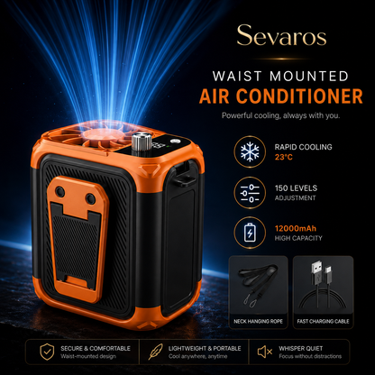 Sevaros HeatShield™ Bladeless Waist Neck Fan USB Rechargeable — belt clip fan Wearable Fan Power Bank LED Display for Outdoor Work Travel