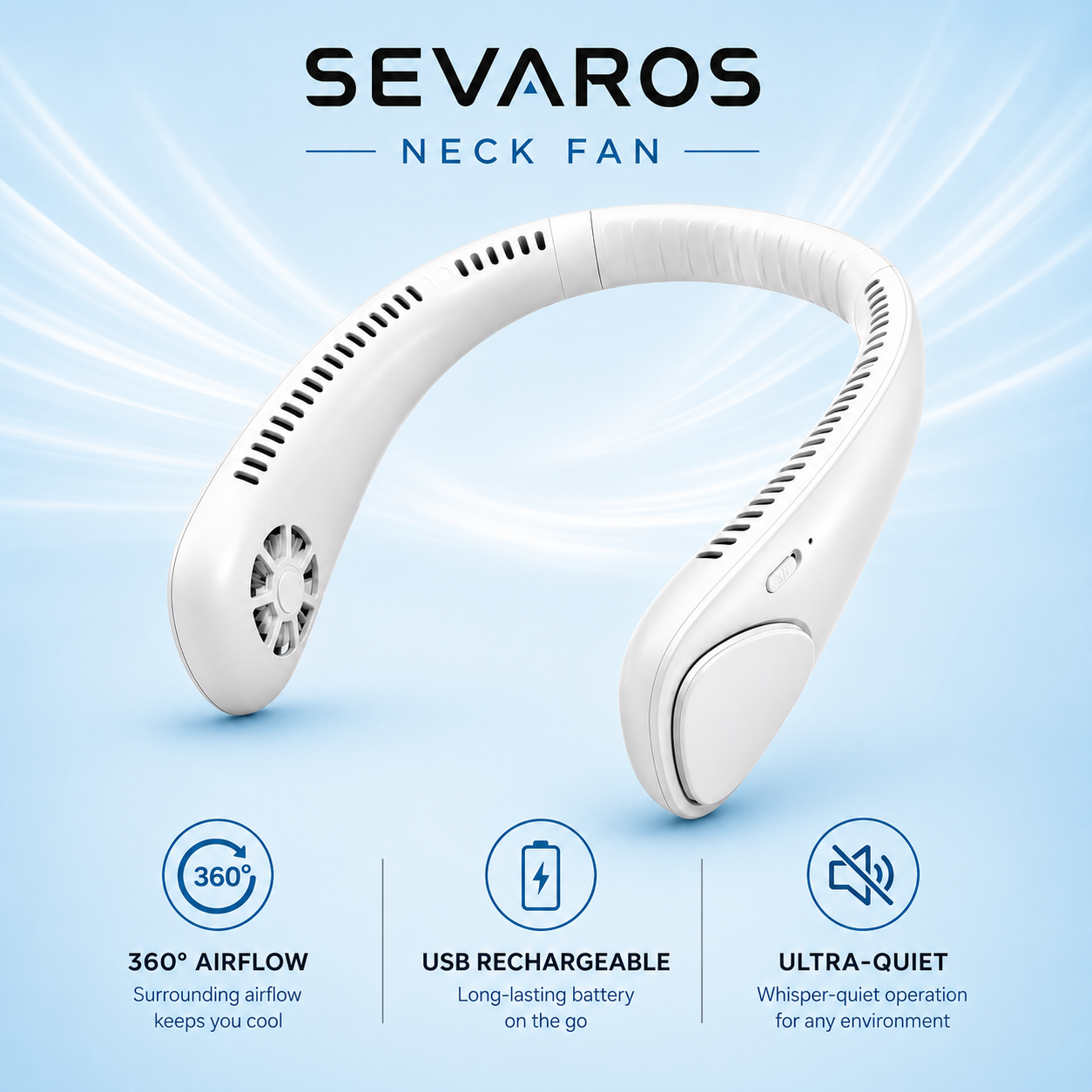 Sevaros ComfortBreeze™ Neck Fan Rechargeable 4000mAh — Bladeless Wearable Personal Cooling Fan, Hands Free, 3 Speeds